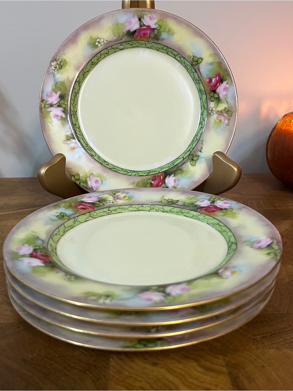 Vintage Antique Style Floral Porcelain Plates Set of 5 - Green & Pink Accents